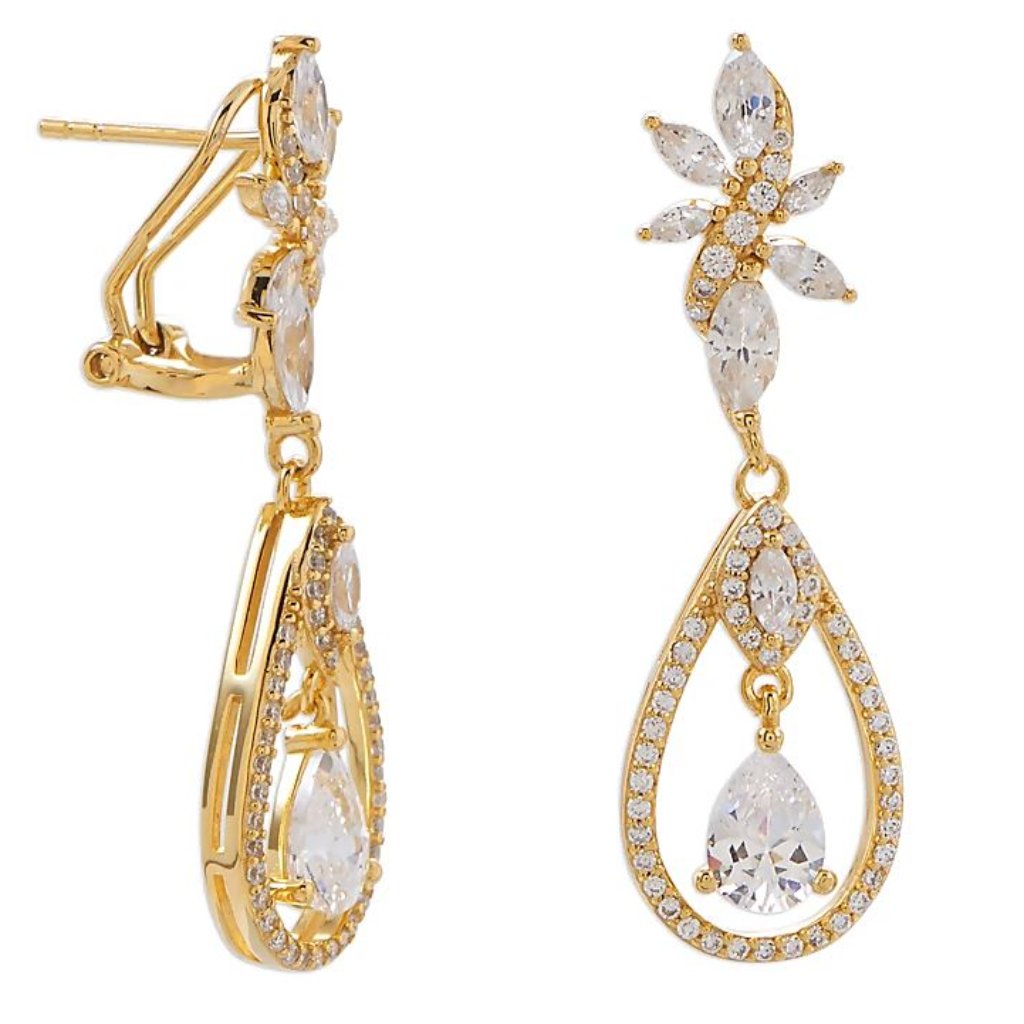 14k Gold Plated Sterling Silver Cz Cluster Chandelier Earrings With Omega Back